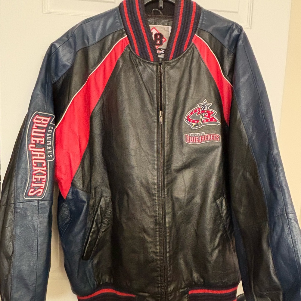 Vintage Columbus Blue Jackets Leather Jacket - Black, Blue and Red